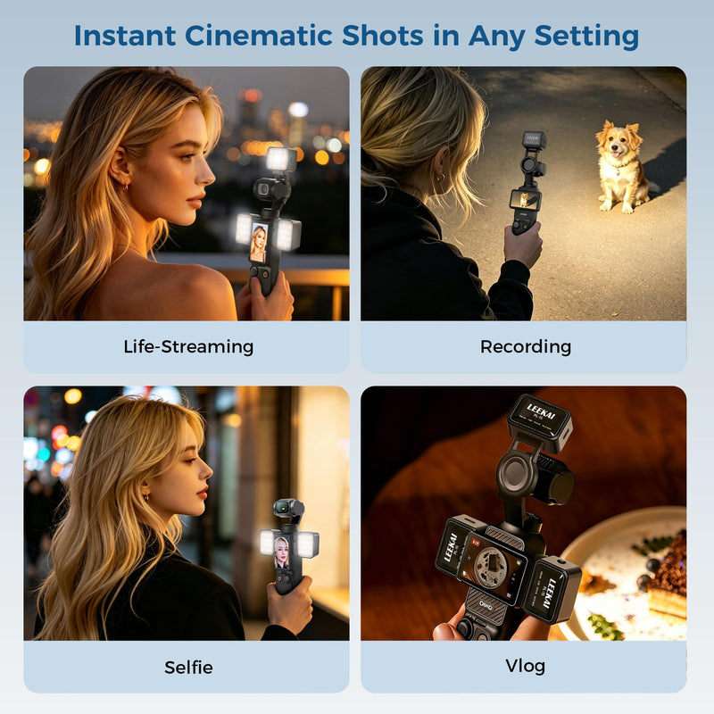 2PCS Magnetic Mini LED Fill Light Auxiliary Light for DJI OSMO Pocket 4/3 | LEEKAI PL15 CRI≥95, 3-Color Temp 2500-6500K Brightness Adjustable, 1.5W Rechargeable 500mAh with Camera Body Mount Mount with TwoLights