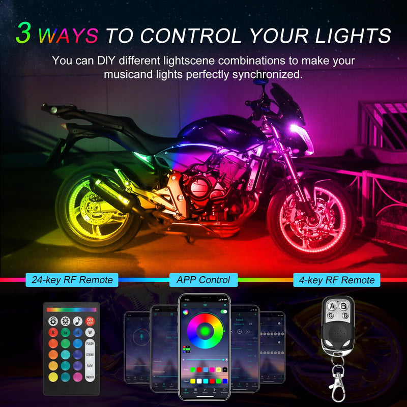 Motorcycle LED Underglow Kit, ICICAR 12 Pcs APP Control RGB 16 Million Color Dual Remote Music Mode IP68 Waterproof Led Lights, Motorcycle Lights with Power Switch