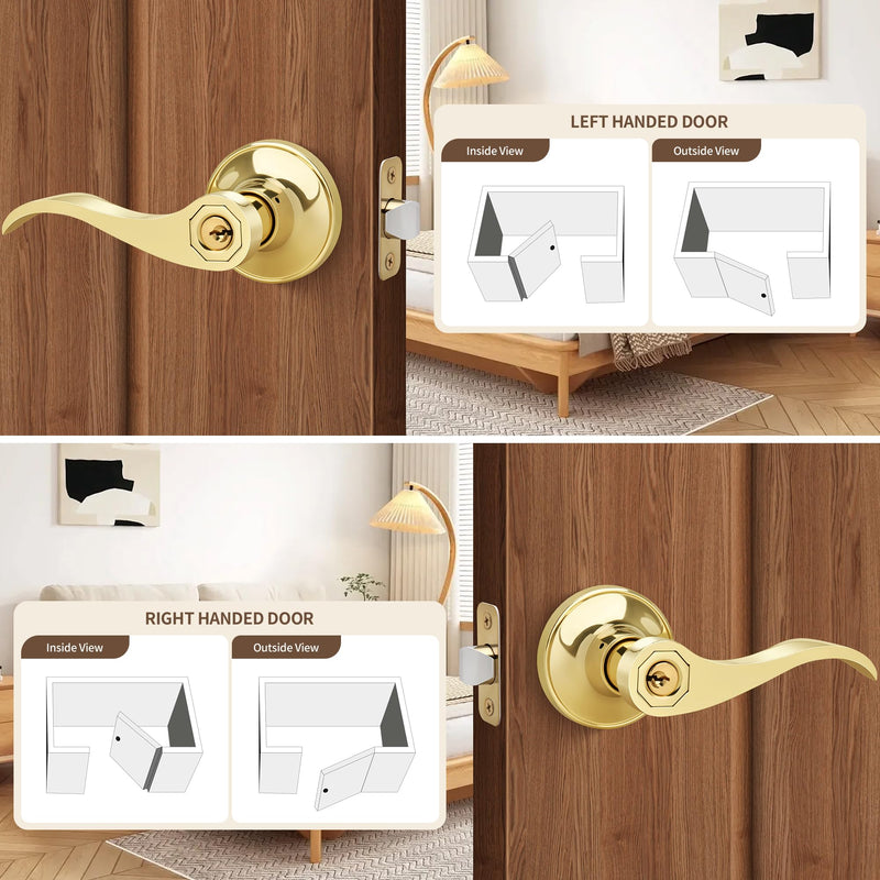 Moquin Wave Style Gold Door Handle with Lock and Key, Keyed Entry Brushed Gold Door Handles for Bedroom or Front Door, Polished Brass 1 Pack Keyed Entry-Lock & Key