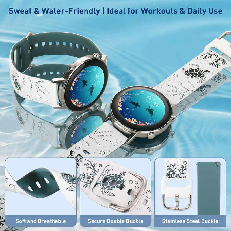 Sea Turtle Engraved Bands for Samsung Galaxy Watch 9/8/7/6/5/4 (40mm/44mm) | Soft Cute Silicone Sport Band for Galaxy Watch 3(41mm)/5 Pro(45mm) Active 2(40/44mm) Garmin Vívoactive 6/5/3 Amazift Active 2 White/Pine Needle Green