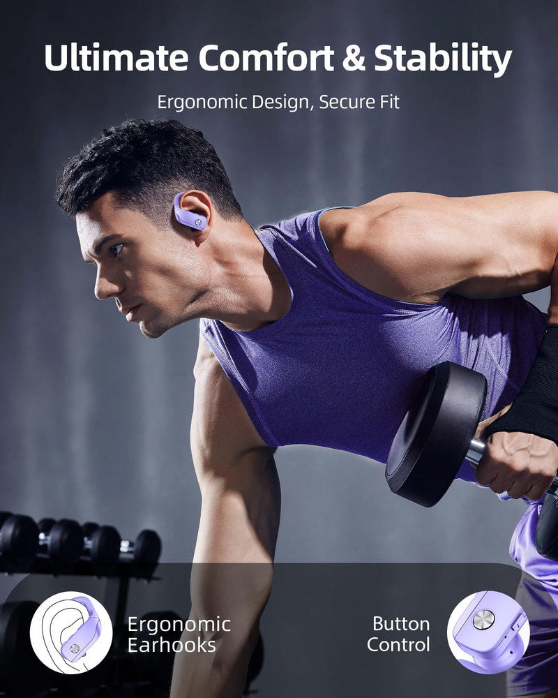 Wireless Earbuds Bluetooth Headphones Over Ear Hooks Ear Buds with 80H Playtime, LED Power Display, Dual Mic Clear Calls, Sports Wireless Ear Buds Bluetooth Earbuds for Running Gym Workout (Purple) Purple
