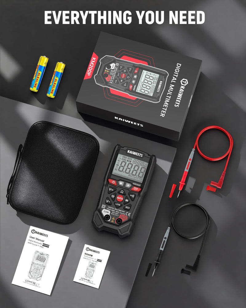 KAIWEETS KM200P Digital Multimeter, All Button Operation, TRMS Auto Ranging, 4000 Counts, NCV, Voltmeter Ohmmeter, Fast & Accurate Measure AC/DC Voltage, Resistance, Continuity, Capacitance