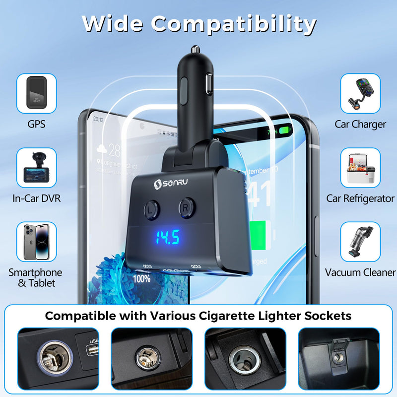 180W Cigarette Lighter Splitter,30W PD Dual QC3.0 Car Charger Adapter | 24V/12V Car USB Adapter 2-Socket with Voltmeter Fast Charging for iPhone 17/16/15 Car Devices black