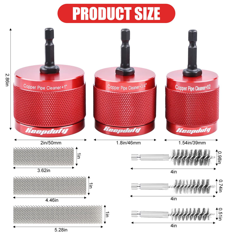 1/2" & 3/4" & 1" Copper Pipe Cleaner for Drill, with 1/4" Hex Shank & 6 Brush Blades & 6 Pipe Cleaning Brushes, Plumbing Tools for Removing Rust, Stains & Paint on Copper & Metal Pipes (Red) 3Pcs-Aluminum Alloy