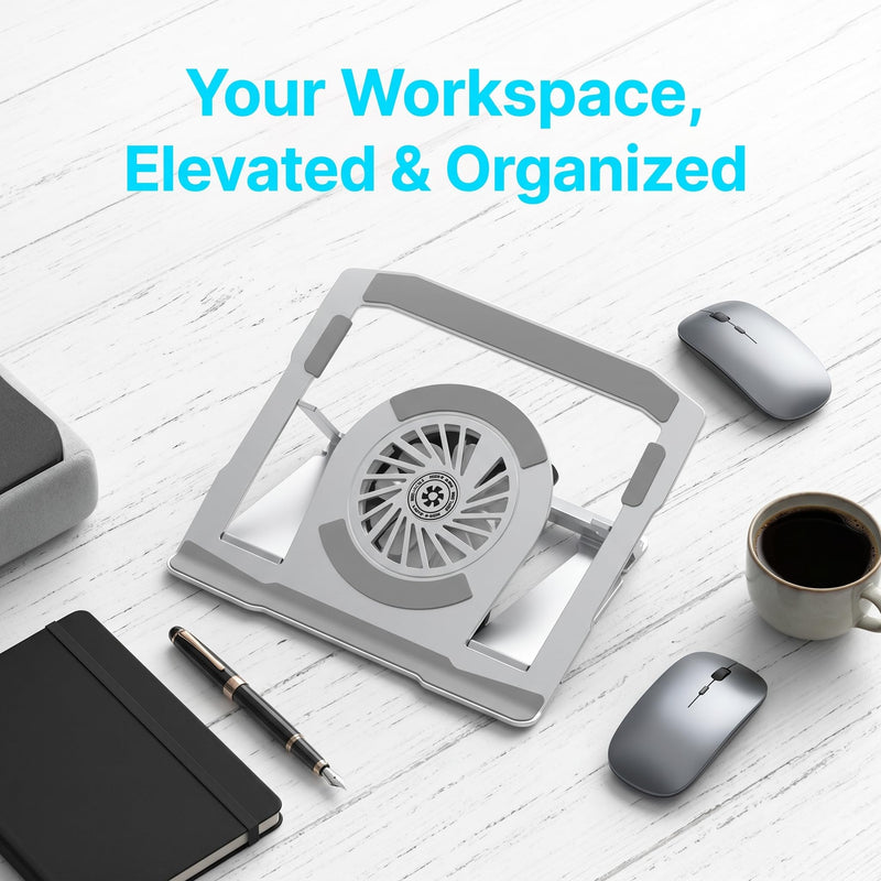 BudddhiGear Laptop Stand, Aluminum Heat Dissipation, Built-in Fan, 6 Height Adjustment, Rotatable, for Laptop