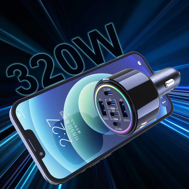 320W USB C Car Charger, 6 Ports Type C Car Charger | PD3.0/QC4.0/PPS Super Fast Charging for iPhone 17/16/15 Series, Galaxy S25/S24/23, iPad, MacBook Pro/Air, Laptop (Black) Black