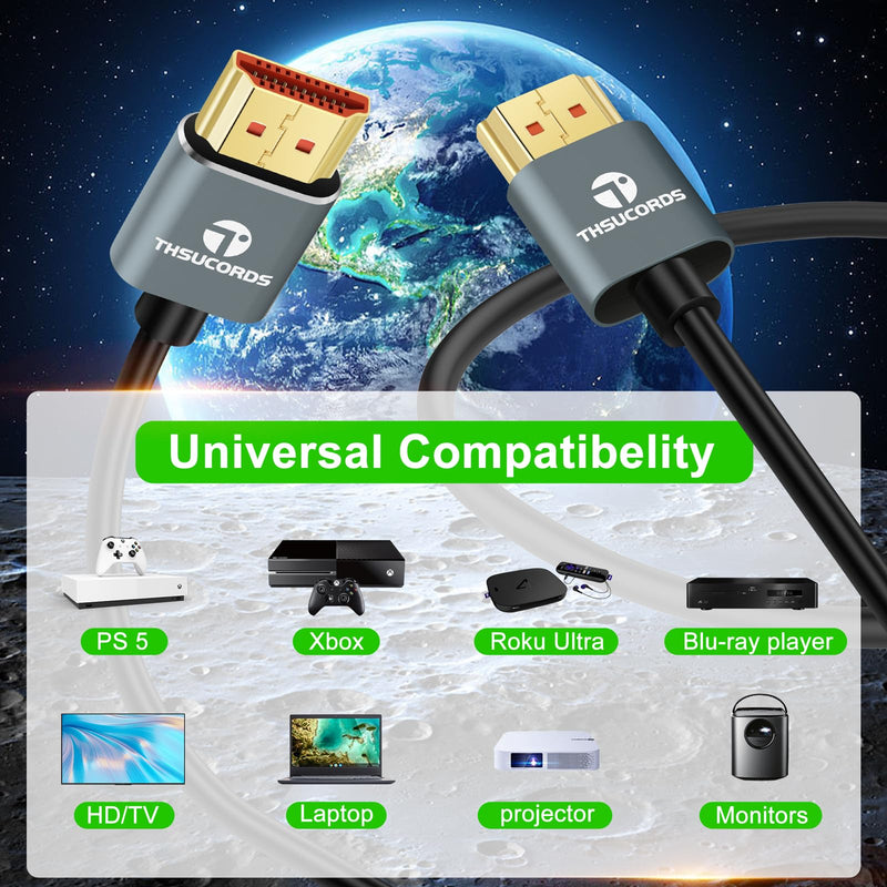 Thsucords Ultra Thin 8K 4K HDMI Cables 15FT 3 Pack, Slim & Flexible Soft High Speed HDMI 2.1 Lead Support 4K@120Hz 8K@60Hz 48Gbps for Roku TV/HDTV/PS5/Blu-ray 3-PACK