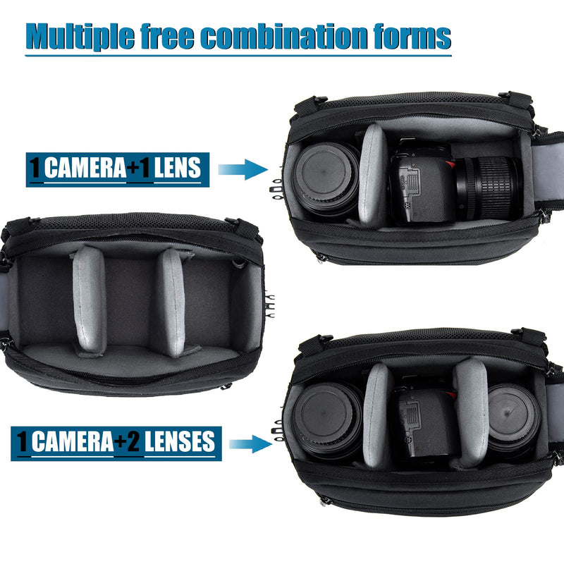 Cwatcun 3-in-1 Camera Waist Bag, Sling/Shoulder/Crossbody Case for DSLR | Fits 1 DSLR +1-2 lenses +phone+water bottle. 7-layer padding, 900D waterproof, adj strap 23.6-45.3".