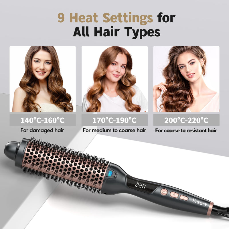 Farery Thermal Brush Extra Long Barrel, 38mm Hot Brush Curling Wand for Big Bouncy Curls, Non-Blowing Heated Round Brush, Ceramic Curling Wand for Medium & Long Hair, 9 Adjustable Temps, Dual Voltage