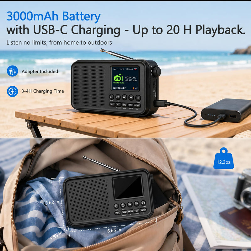 Eoxsmile Portable FM Radio with Bluetooth, NOAA Weather Alert, 40 Presets | Rechargeable 3000mAh Battery, Dual Alarms, Sleep Timer & MicroSD Playback, Digital Radio for Home, Bedside, Kitchen & Travel Black