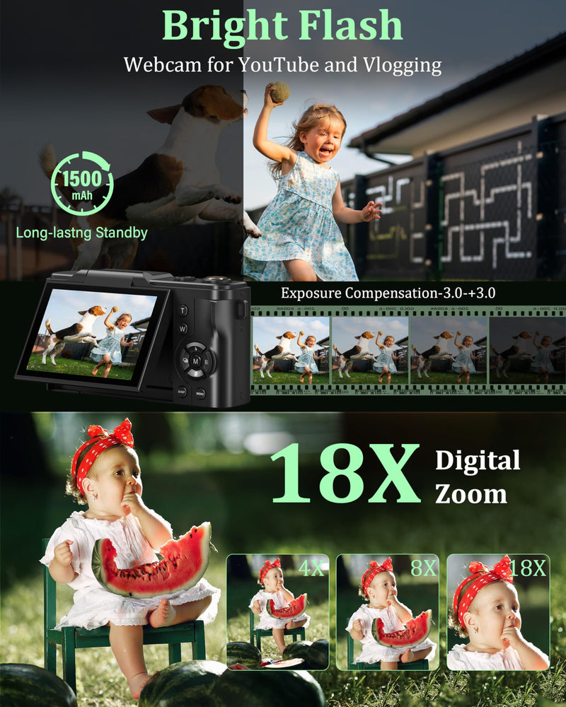 4K Digital Camera for Photography, 64MP Vlogging Camera for YouTube with 180° Flip Screen, 18X Zoom UHD Autofocus Video Camara, Compact with Micro SD Card for Teens, Boys & Girls, Beginners Black
