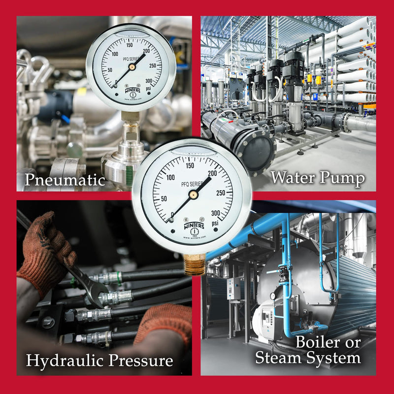Winters 2-1/2" Dial Size, Liquid Filled Industrial Pressure Gauge, Brass Internals, 304 Stainless Steel Case, Single Scale 0-300 psi, 1.5% Acc, 1/4" NPT Bottom Mount, Glycerin Filled Pressure Gauge 0/300 PSI