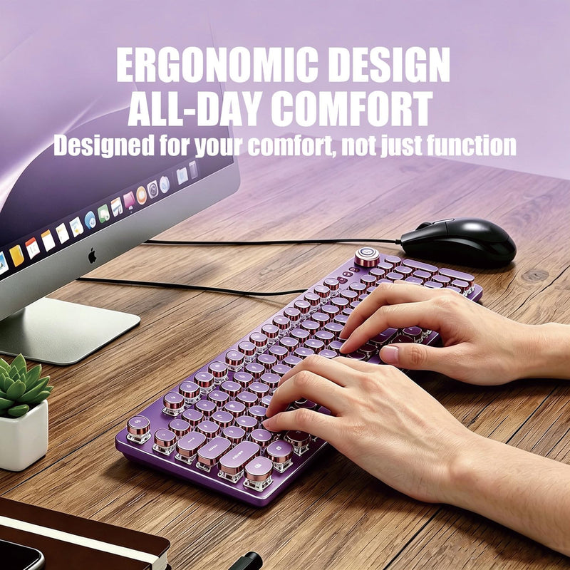 Purple Retro Typewriter Keyboard, 104 Keys Wired USB with Round Keycaps, LED Backlit, for PC Laptop Mac Windows Purple
