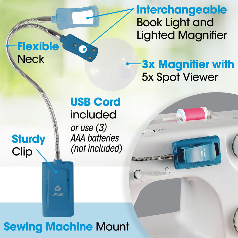 Ottlite LED 2 in 1 Sewing Machine Light | Clip Lamp, Sewing Machine Lamp | Lighted 3X Optical Grade Magnifier, 5X Spot Viewer | Great for Home, Workshop (Blue) Blue