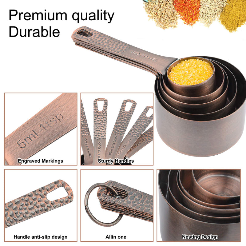 Copper Plated Measuring Cups and Spoons set 18 for Dry & Liquid, Metric & US Stainless Steel Measuring Cup and Spoon Set with Leveler for Baking & Kitchen Copper A: 8cups+9spoons