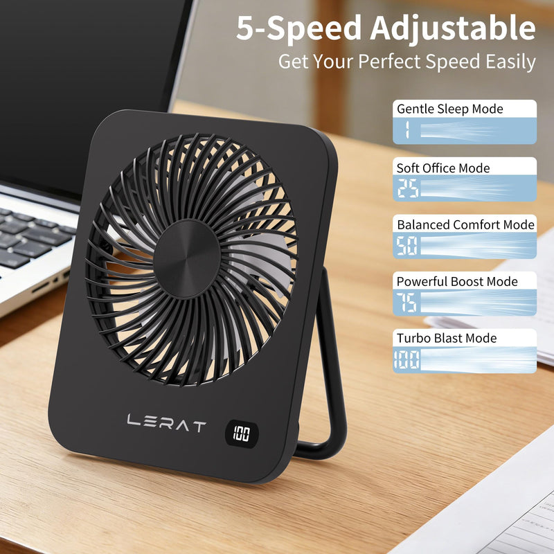 Lerat Portable Desk Fan, Small USB Rechargeable Fan with LED Display, 5-Speed Ultra-Quiet 180° Foldable Mini Fan for Summer Cruise Travel, Cooling Gifts for Women Girls Kids (Black) Black