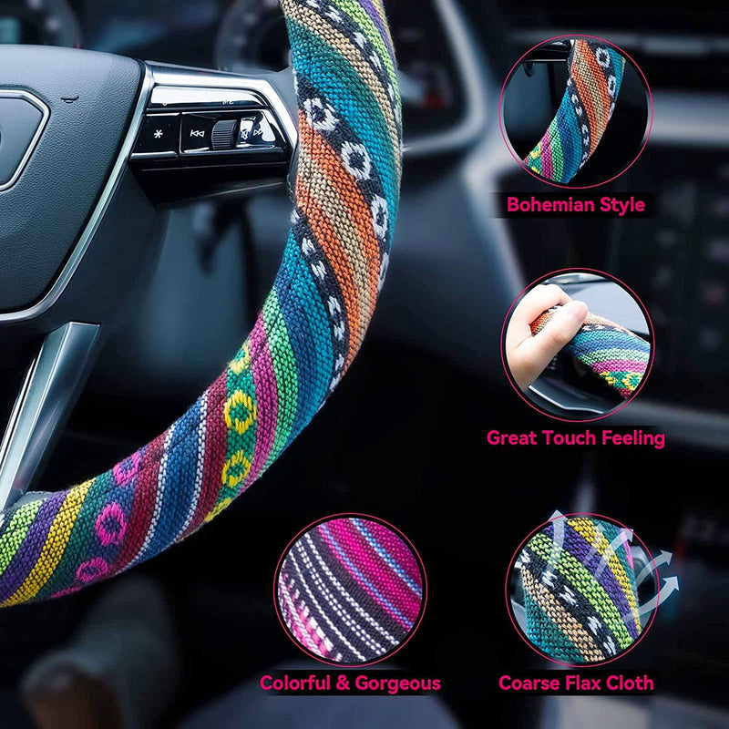 Boho Steering Wheel Cover Elastic Microfiber for Women, Universal Fit 15 inch Car SUV, Hippie Style Protector Cover, Anti-Slip, Breathable, Absorbing Sweat - 01 Colorful