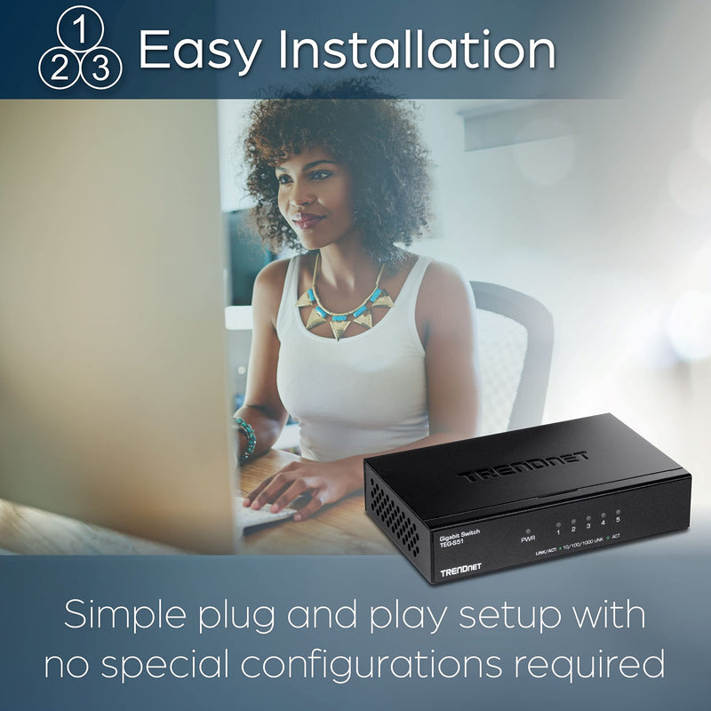 TRENDnet Gigabit Desktop Switch, TEG-S51, 5 x Gigabit RJ-45 Ports, Ethernet Splitter, 10Gbps Switching Capacity, Fanless Design, Metal Enclosure, Lifetime Protection 5-Port Gigabit