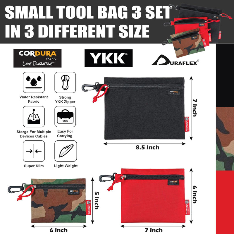 Rough Enough 3-Pack Small Tool Pouches with Zipper & Buckle Clip, Different Sizes Molle Pouch Set for Tactical, Camping, Fishing, Survival, Water-Resistant Small Tool Bags