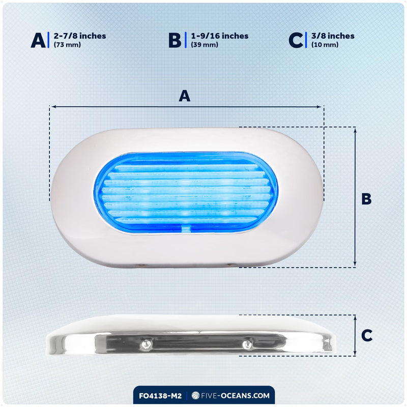 Five Oceans 2-Pack Oblong LED Courtesy Light, Marine Lights for Boat Interior, Deck, Cockpit, Blue LED, IP67 Waterproof, 12V, for Pontoon, Fishing Boat, Yacht, RVs - FO4138-M2