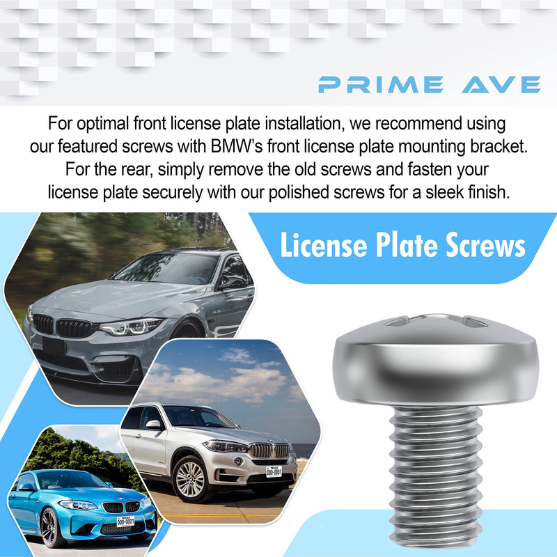 Stainless Steel License Plate Screws for License Plates, Frames, Covers - Front/Rear Rust Proof Car Tag Screws - Licence Plate Screw Set Compatible with BMW (Pack of 8) Standard Length