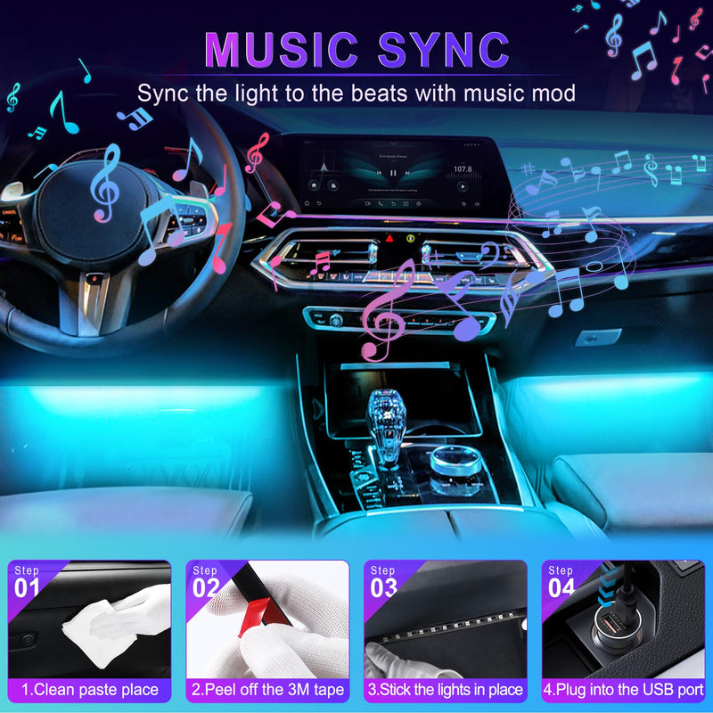 LivTee Accent Interior Car Lights, Smart Car Interior Lights with App Control, RGB LED Lights with Music Mode and DIY Mode, 2 Lines Design LED Lights for Cars with Charger, Car Accessories for Women Interior Lights(New)