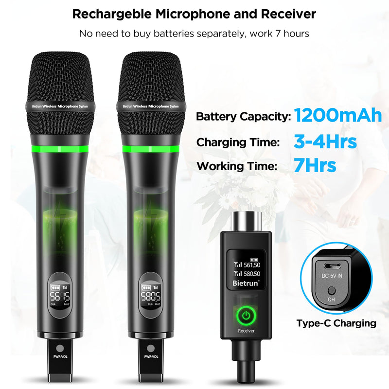 Bietrun XLR Wireless Microphone, Rechargeable Dual Metal Cordless Handheld Dynamic Mics for Mixer, Audio Interface, PA Amplifier System, Church, Singing, Karaoke(UHF 240FT Range)(with 6.35 Adapter) XLR Rechargeble Rechargeable Microphone-WXM19-2