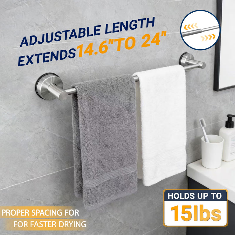 No-Drill Stainless Steel Suction Cup Towel Bar, Adjustable 14.6–24 Inch Bathroom Towel Rack for Glass Shower Door & Tile Wall, Heavy Duty Wall Mounted Towel Holder(Silver) Silver