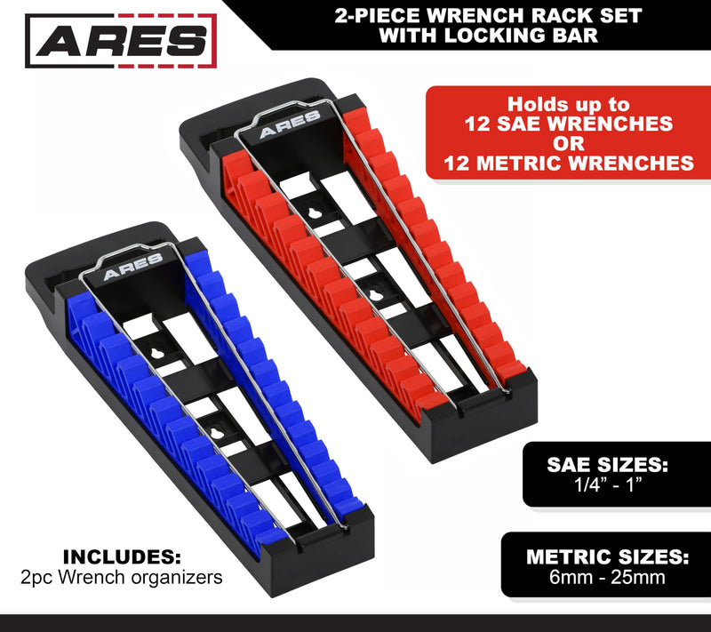 ARES 62043 – 2-Piece Wrench Rack Set with Locking Bar - SAE Rack Holds 1/4-Inch to 1-Inch Sizes - Metric Holds 6 to 25mm Sizes – Locking Metal Clip Secures Wrenches 2-Piece Magnetic Wrench Rack with Locking Bar Red & Blue