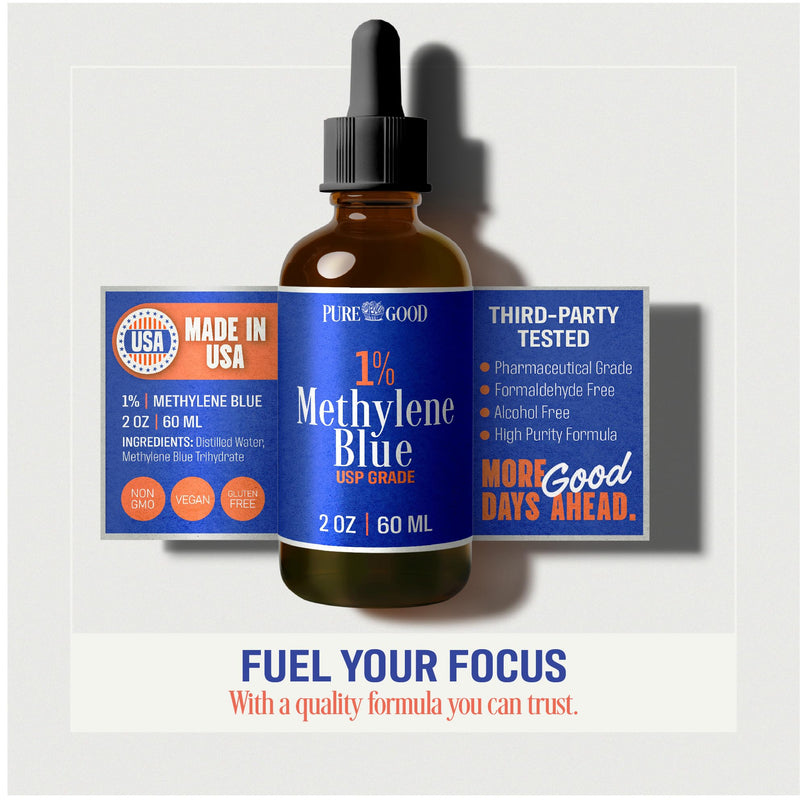 Methylene Blue 1% Liquid – 10 mg per 1 mL Serving – 60mL (2.03 fl oz) – About 60 Servings per Bottle (3 Pack) – Third-Party Tested – Amber Glass Bottle
