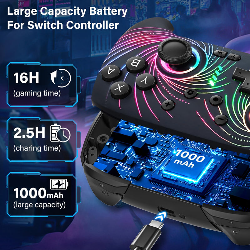 Switch Controller for Nintendo Switch/Lite/OLED, Wireless Switch Controller | Switch Controller with 10 LED Light, Pro Switch Controllers with One Key Pairing, Turbo, 6-Axis Gyro, 1000mAh Battery, Black