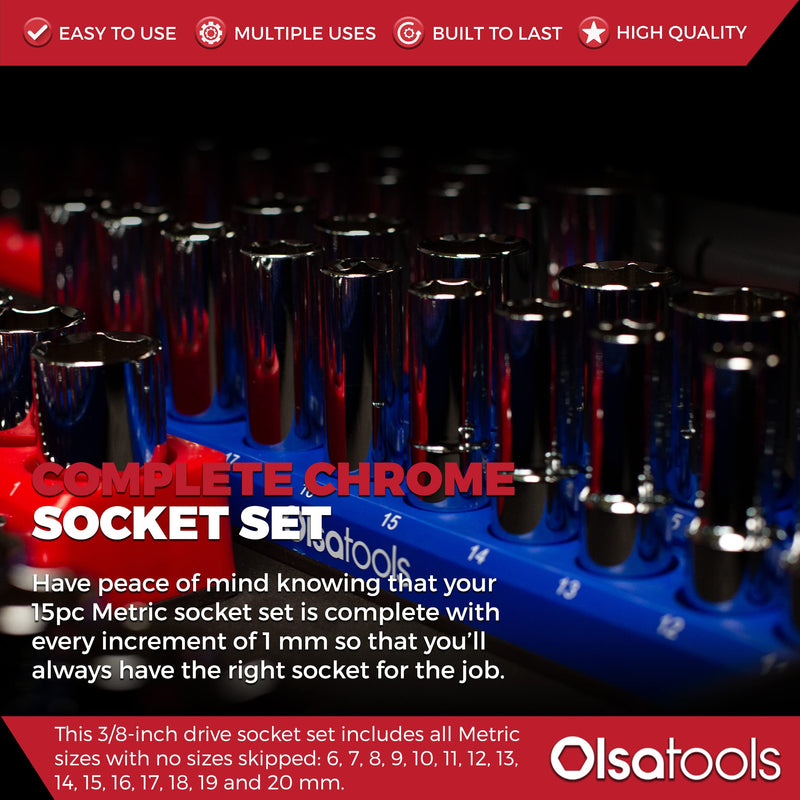 Olsa Tools Metric Shallow Socket Set - 3/8-Inch Drive, 15pc - 6-Point Chrome Sockets from 6mm–20mm and No Skipped Sizes - Mechanic Shallow Metric Socket Set - Professional Grade Sockets - Part: 1331 15pc, 3/8-Inch Drive