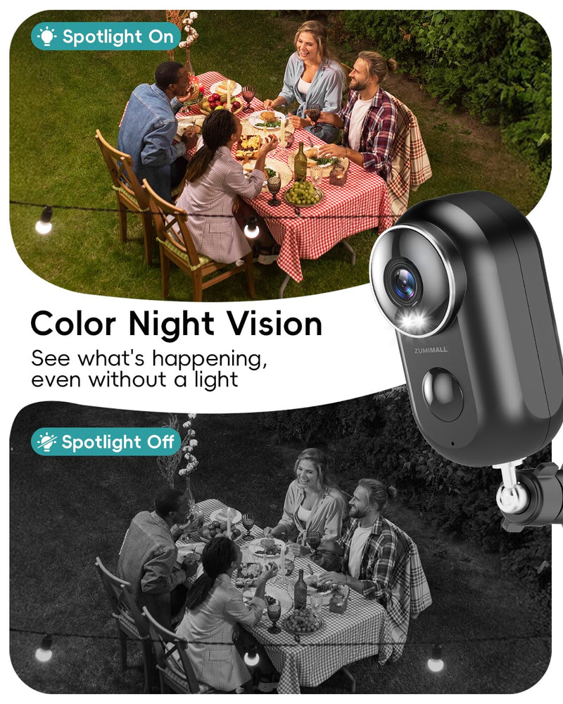 ZUMIMALL Solar Security Cameras Wireless Outdoor, 2K Outdoor Camera Wireless Solar Powered, 2.4G WiFi Battery Camera, 128GB SD Card for Security Cameras