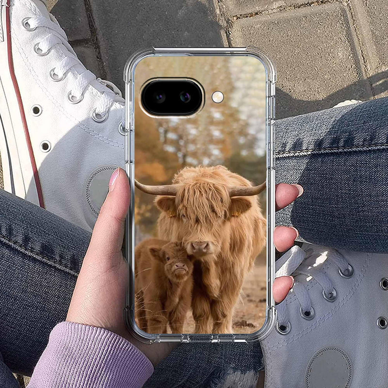Case for Google Pixel 10a with Cow Design,Cute Highland Cattle Family Pattern,Clear Slim Soft TPU Bumper Phone Cover,6.3”(Cow,P10a)
