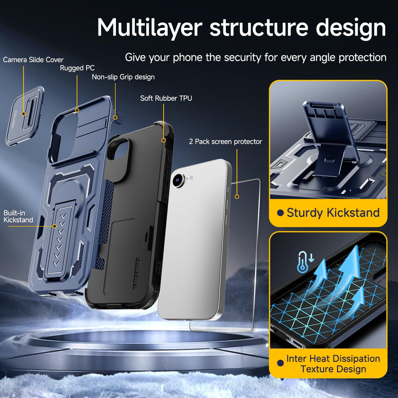 for iPhone 17e Case/iPhone 16e Case with 2*Screen Protector, Blue | Slide Camera Cover,Kickstand,Lanyard Strap, Military Grade Shockproof Protective Heavy Duty Non-Slip for 17e Phone Case 6.1"