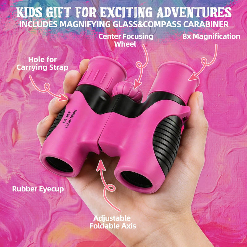 Portable Kids Binoculars 8x21 - Compact Shockproof Real Binoculars for Kids | Great for Bird Watching, Camping, Hiking | Educational Birthday Gift for Boys & Girls Aged 3-12 | Incl. Compass & Carabiner Rose-Pink