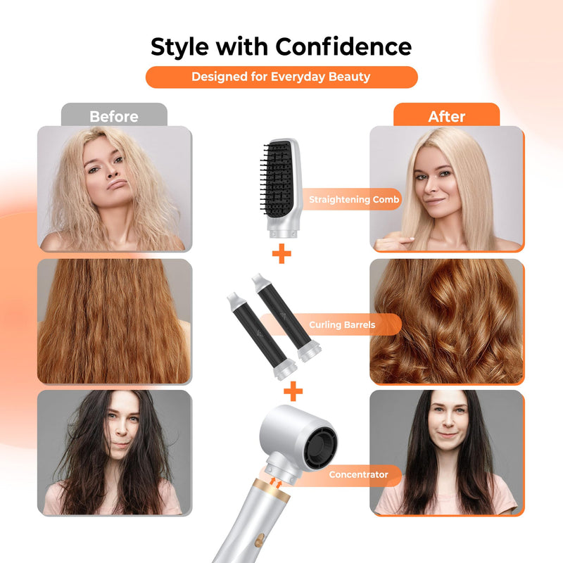 5 in 1 Hair Styler - 1000W Hot Air Brush and Hair Dryer Brush Volumizer | Multi Styler Set with Coanda Technology for Auto-Curling & Smoothing (UK Plug) Milky White