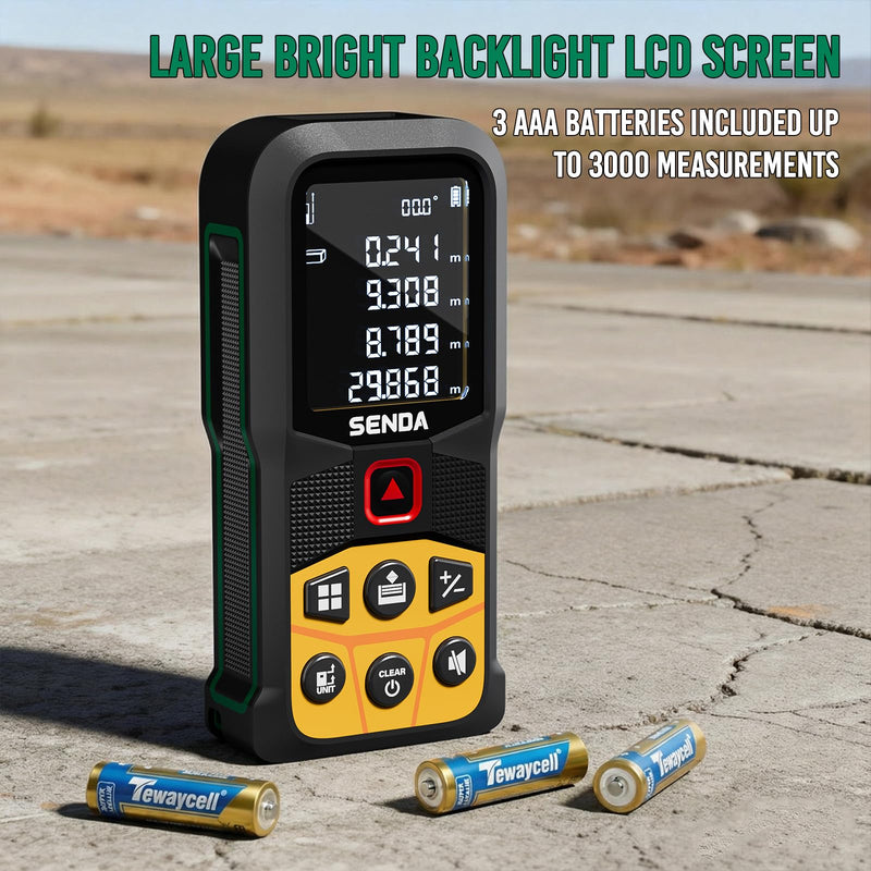 SENDA Laser Measure, 197Ft Digital Laser Measurement Tool with LCD Backlit Display, 1/16in Accuracy, in/Ft/Ft+in/M, 20 Sets Data Storage, Laser Distance Meter, Pythagorean Mode Distance/Area/Volume SD-C3