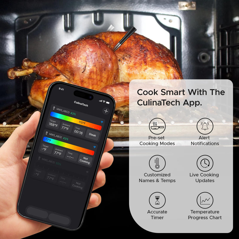 CulinaMeter One: 700FT Wireless Meat Thermometer with LCD Screen, Digital Cooking Food Thermometer for Beef Lamb Turkey, Dual Sensor Measures Internal & Ambient Temp 1 Probe Black
