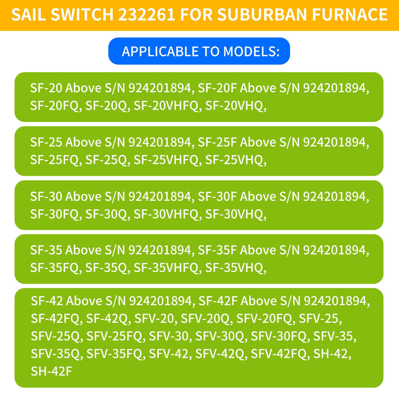 232261 Sail Switch for RV Furnace, Compatible with Suburban SF Series SF-20 25 30 35 42, SF-20F 25F 30F 35F 42F RV Flame Furnace, Replacement Part # 233382 525003, Low Air Flow Transfer Switch 1