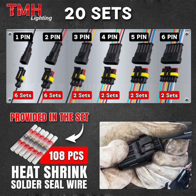 TMH 1/2/3/4/5/6 Pin Wire Connector 22 AWG Waterproof Electrical Male and Female, 10 cm. Wire Connectors 1-6 Way with Heat Shrink Tubing for Car Truck Boat Wire Connection (40PCS) 1/2/3/4/5/6 Pin - 40PCS