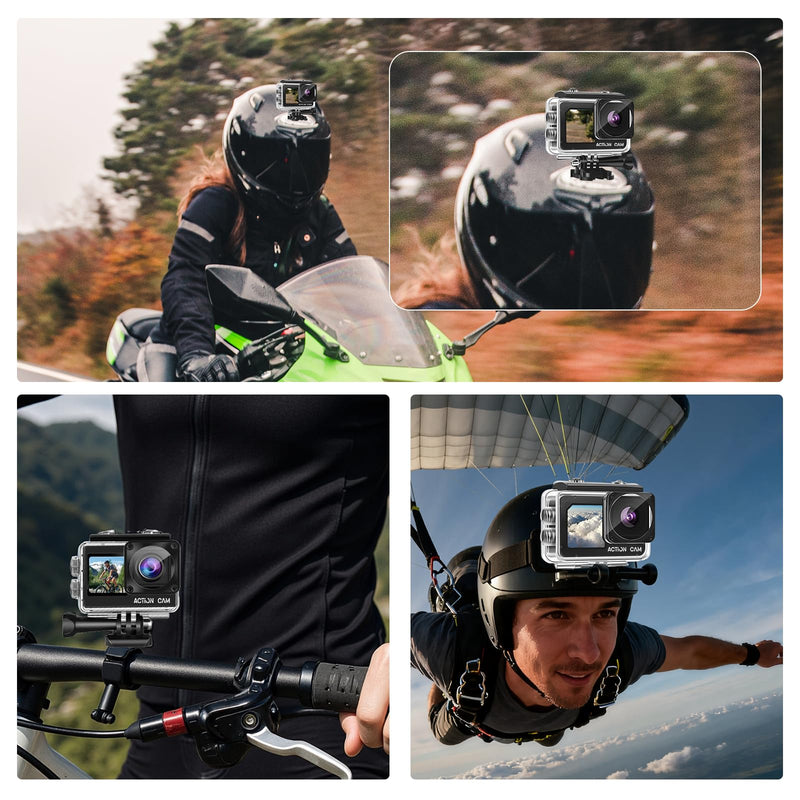 Dual Screen Action Camera, 1080P 16MP Waterproof Camera, Black | 40M Underwater Camera, with 2x1050mAh Batteries, 16GB Card & Full Accessories for Helmet, Bicycle,etc. 16.0 GB