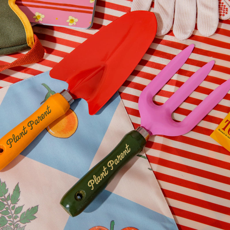 ban.do Hand Rake and Trowel Set, Plant Parent | Retro Inspired Colored Garden Tools with Plant Parent Quote Handle, Metal Tools with Beech Wood Handles