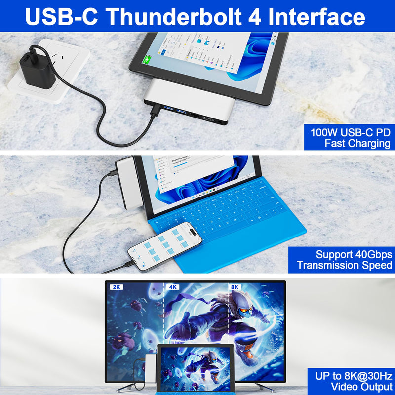 Surface Pro 11 10 9 Docking Station with 4K HDMI,USB-C Thunderbolt 4(8K Video+40Gbps+100W Power),100M Ethernet,USB3.0,SD TF Card Slot,3.5mm Audio,Triple Display for Surface Pro 11/10/9/X Accessories