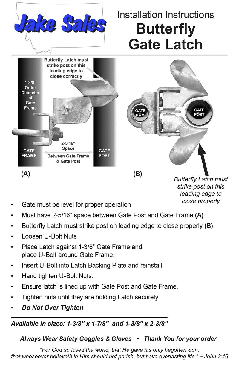 Jake Sales -Chain Link Fence Butterfly Gate Latch - Fence Automatic Gate Latch - 1-5/8" Gate Frame and 2-3/8" Gate Post - Galvanized Fence Gate Latch with Hole for Padlock 1-5/8" X 2-3/8"