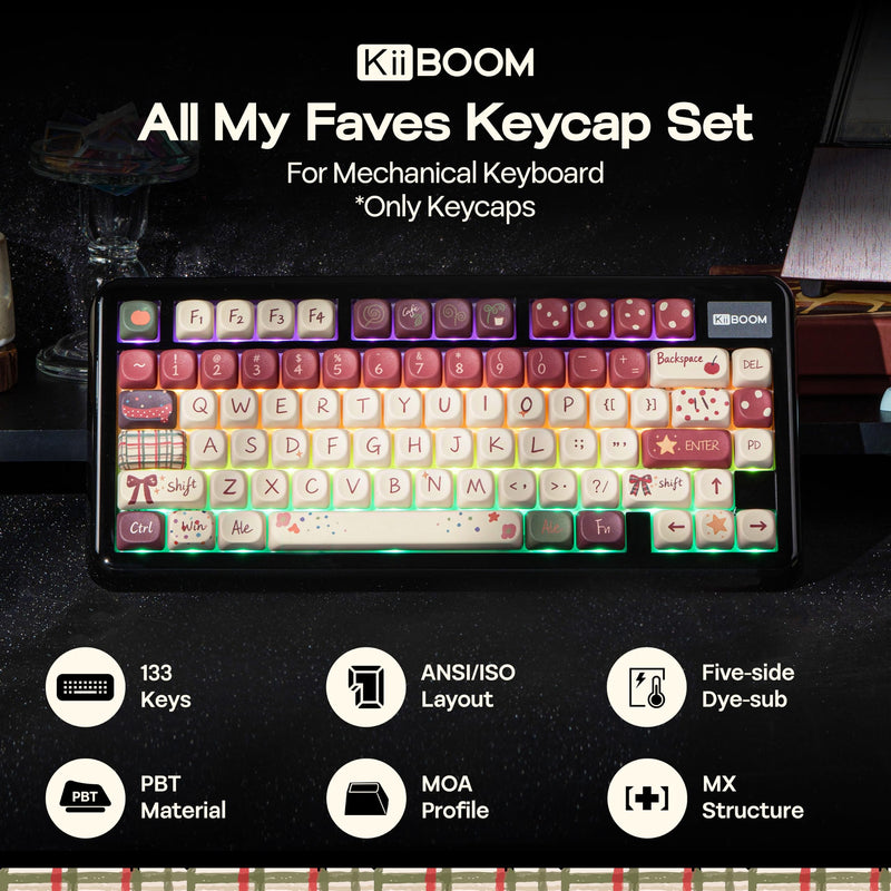 KiiBOOM Keycap Set - All My Faves, 133 Keys, MOA Profile, PBT Keycaps | Five-side Dye-sub, MX-Style, for 60%, 65%, 75%, TKL, 96%, Full Size, Alice, ANSI/ISO Layout Mechanical Gaming Keyboards