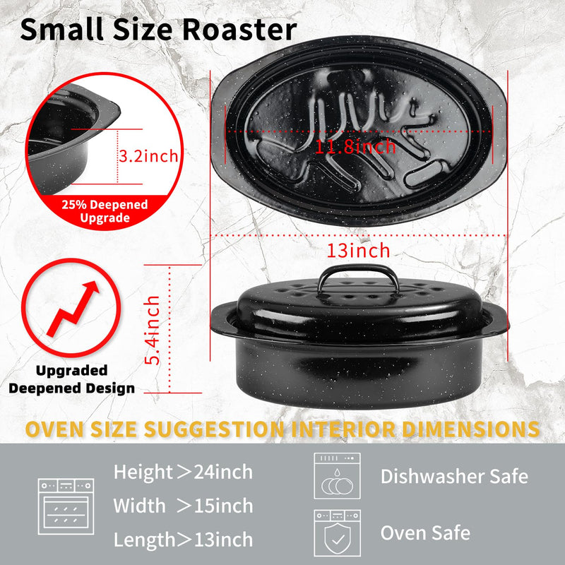 JY COOKMENT Granite Roaster Pan, Small 13” Enameled Roasting Pan with Domed Lid. Oval Turkey Roaster Pot, Broiler Pan Great for Small Chicken, Lamb. Dishwasher Safe Cookware Fit for 7Lb Bird Porcelain 13INCH