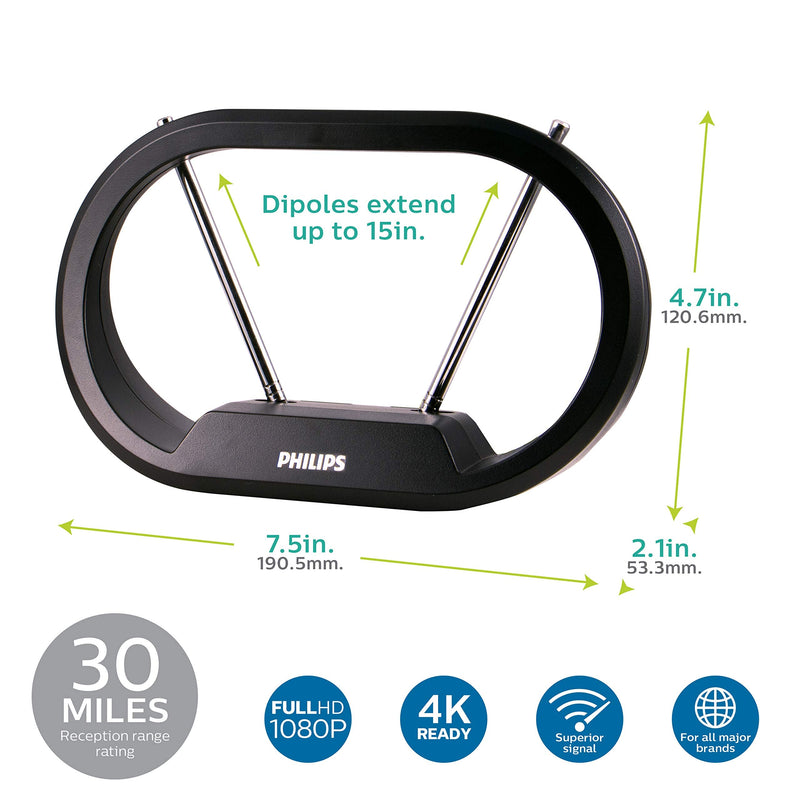 Philips Indoor TV Antenna Rabbit Ears for Local Channels, 15 Inch Extendable Dipoles, 4K 1080P VHF UHF, Tabletop Antenna, Digital HDTV Antenna, Smart TV, 4ft Coaxial Cable, Black, SDV7114A/27 Rabbit Ears Indoor Antenna (Pack of 1)