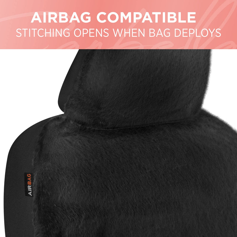 Sheepskin Car Seat Covers, 2-Pack Faux Fur, Front Seats Only, Cute Automotive Seat Covers For Cars (Black) Black Fur