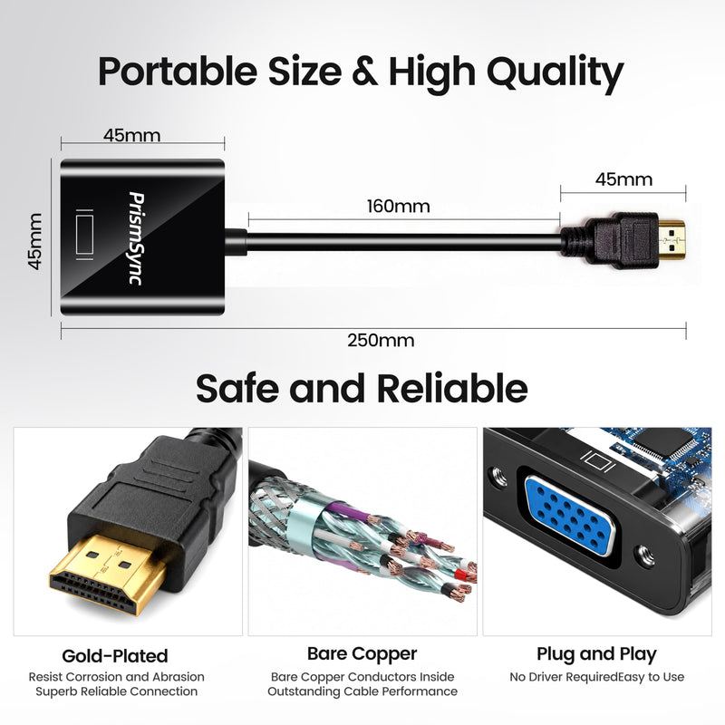 HDMI to VGA Adapter 10-Pack for Laptop to Projector 1080p | Uni-Directional, Gold-Plated Converter (M/F), Plug & Play, Works with PC, Monitor, HDTV, Chromebook, Raspberry Pi, Xbox Black